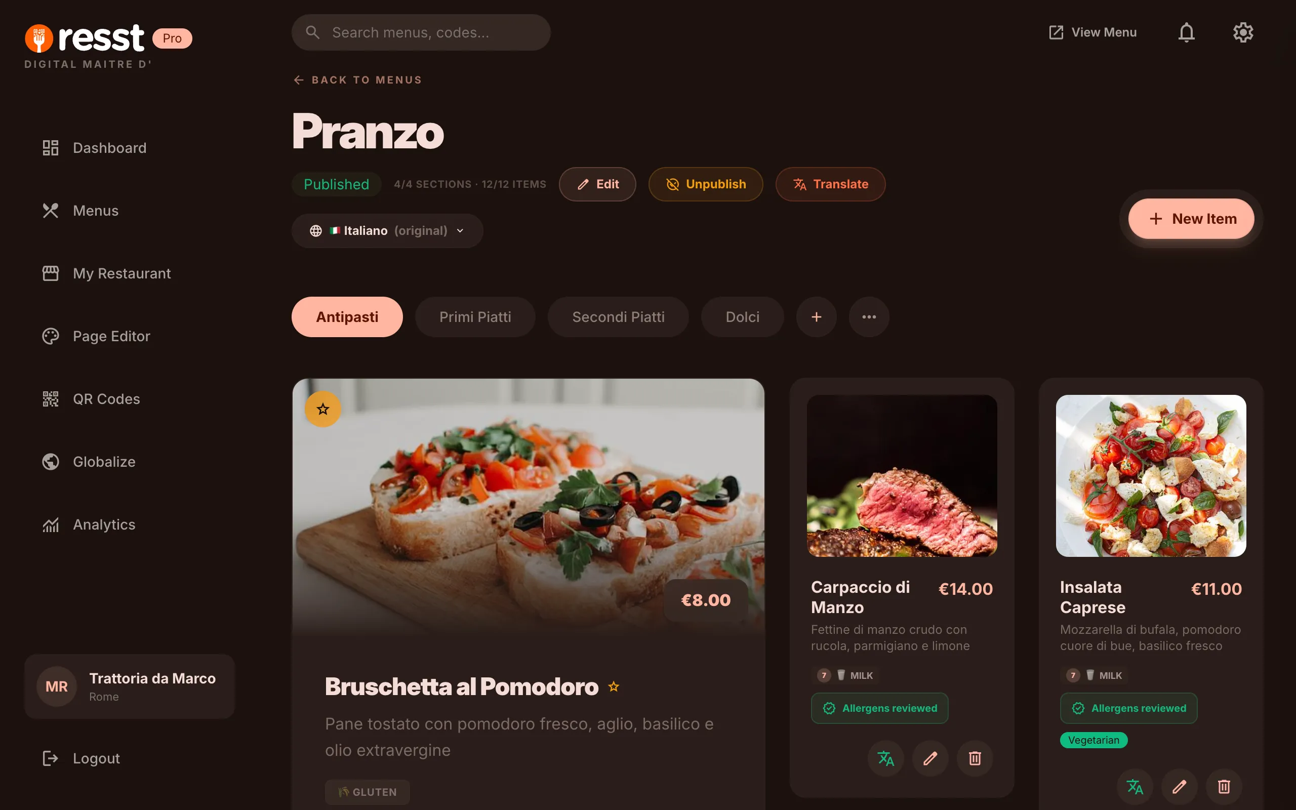 Редактор меню resst.io с блюдами, тегами аллергенов и фотографиями