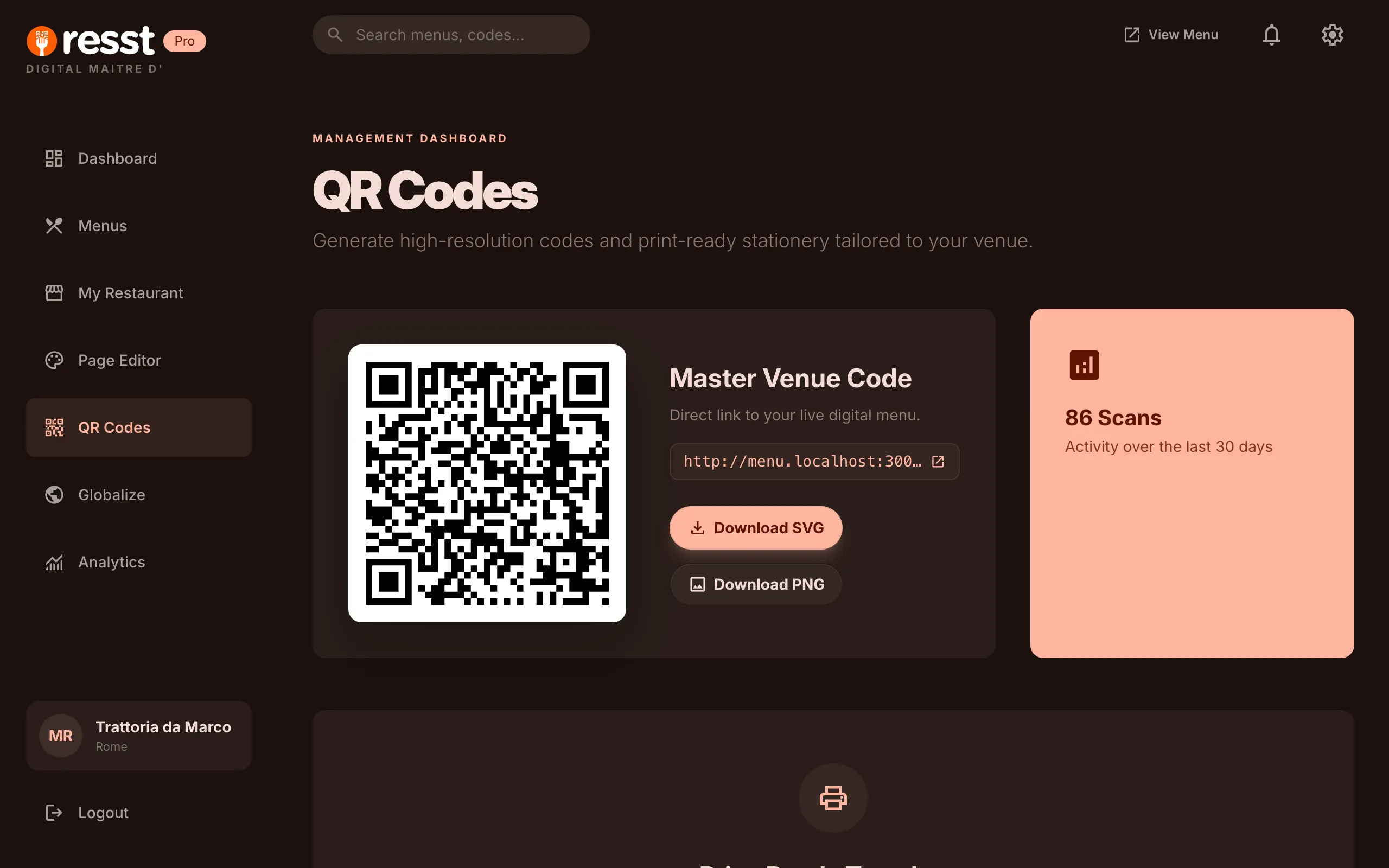 Панель QR-кодов resst.io с опциями скачивания и статистикой сканирований