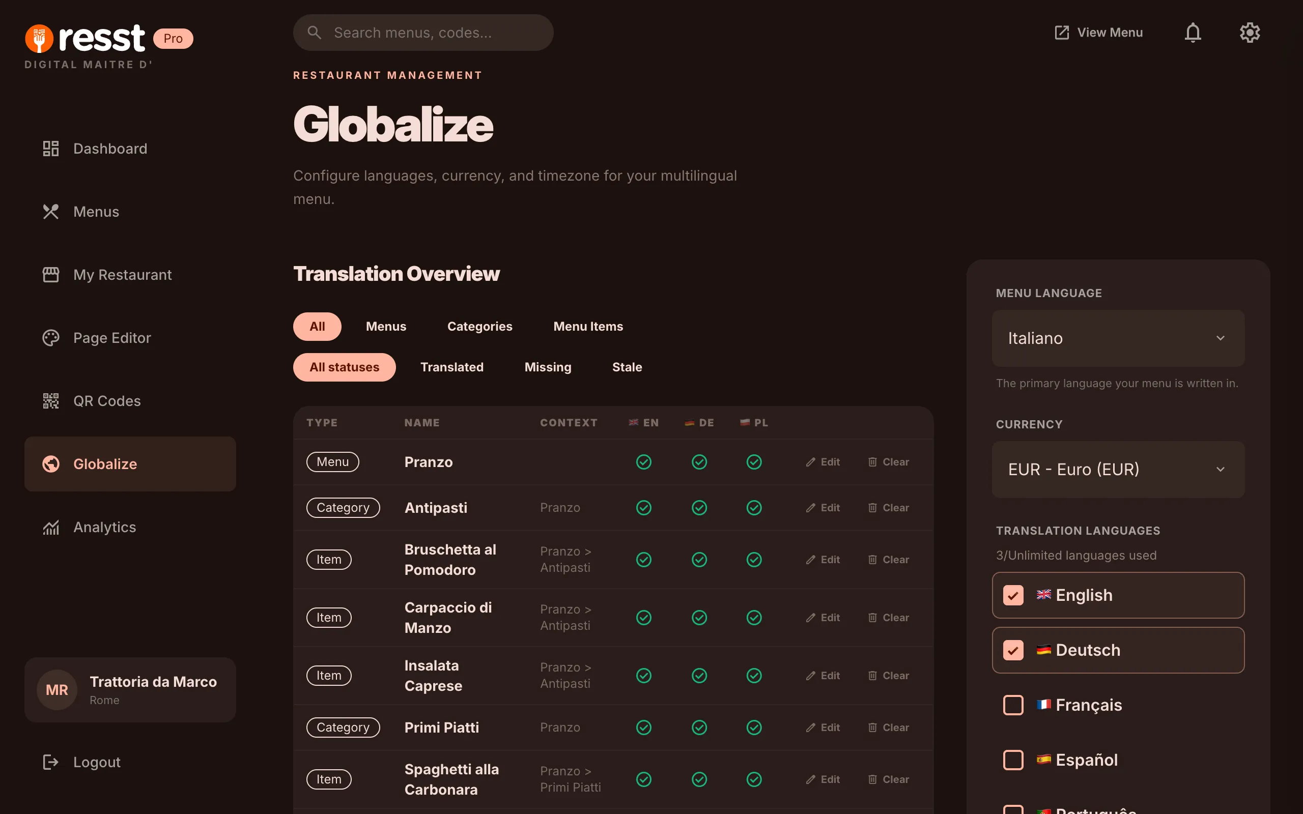 resst.io globalize panel showing translation status across languages