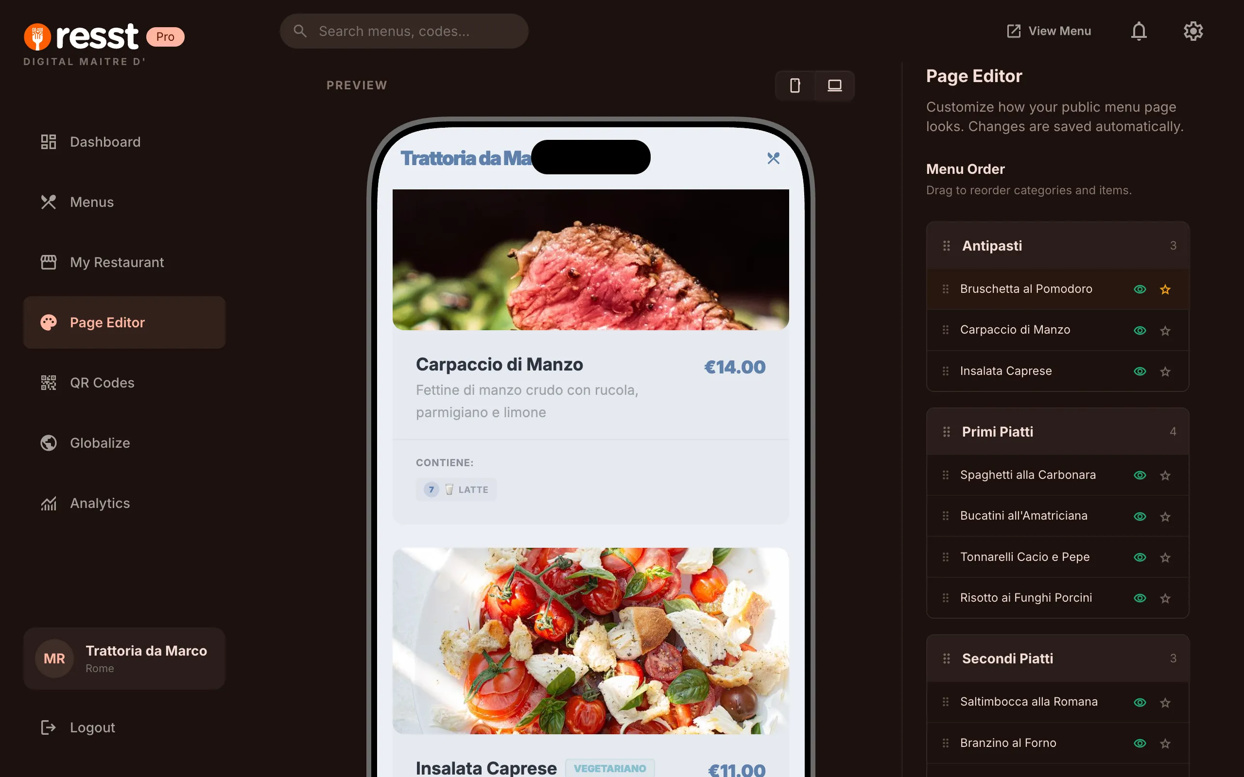 resst.io page editor with live phone preview and drag-and-drop menu ordering